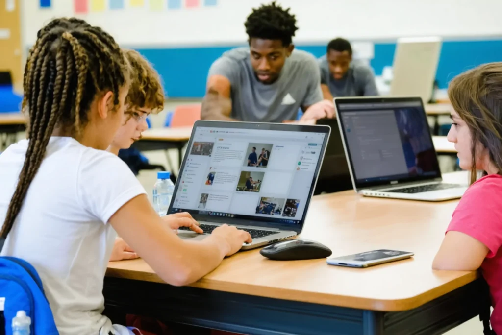 jeunes individus travaillant sur un ordinateur dans une bibliothèque